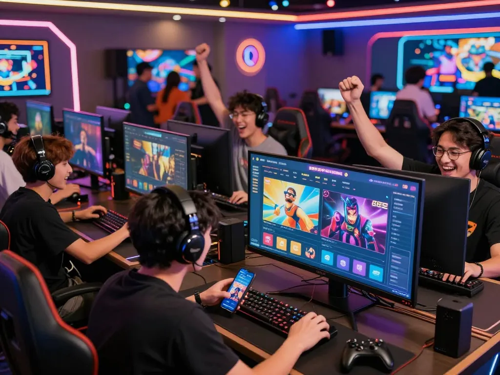 EE88 players engaged in thrilling online gaming, celebrating wins in a dynamic digital environment.