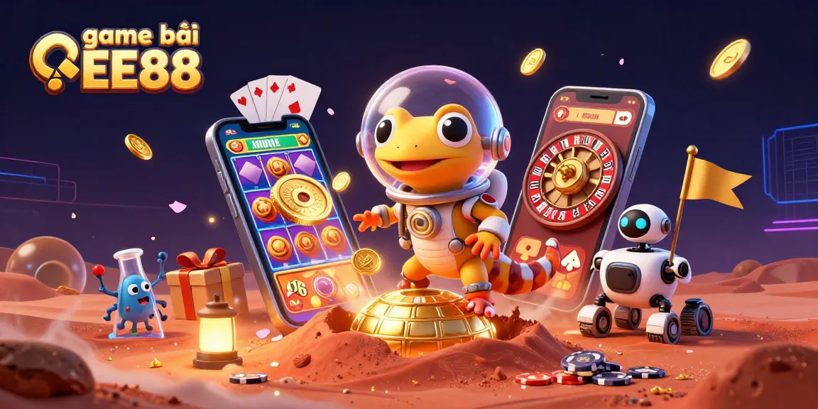 Experience thrilling wins with game bài EE88 in a vibrant 3D casino scene featuring colorful gaming elements.