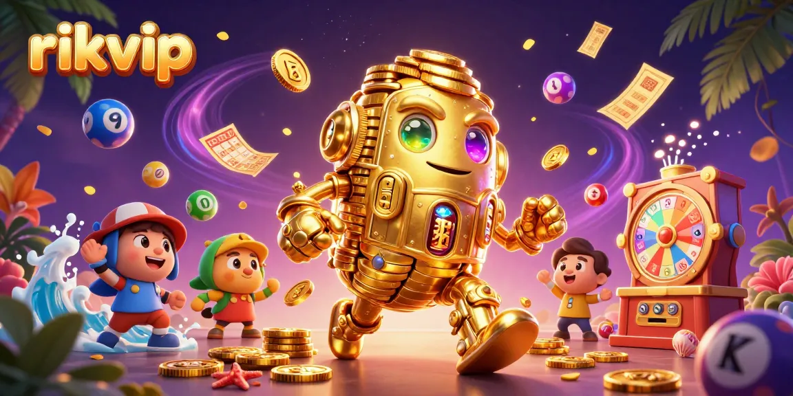 rikvip brings excitement as a golden golem stands amidst vibrant lottery elements