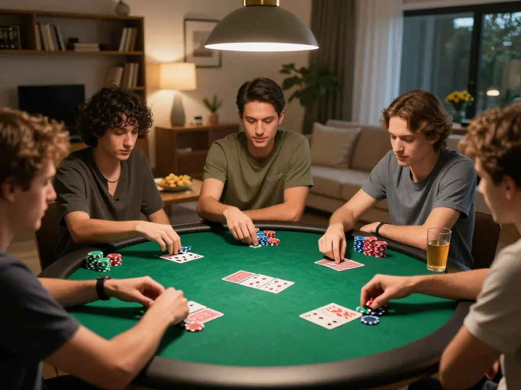 Friends engaging in a lively poker game at home, showcasinguu88 com strategy and social fun.