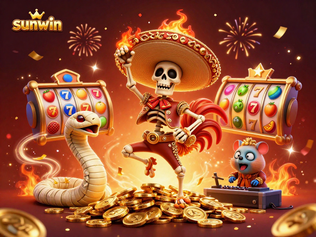 Join the festive celebration with sunwin, featuring a lively 3D casino scene of a dancing rooster and a DJ.