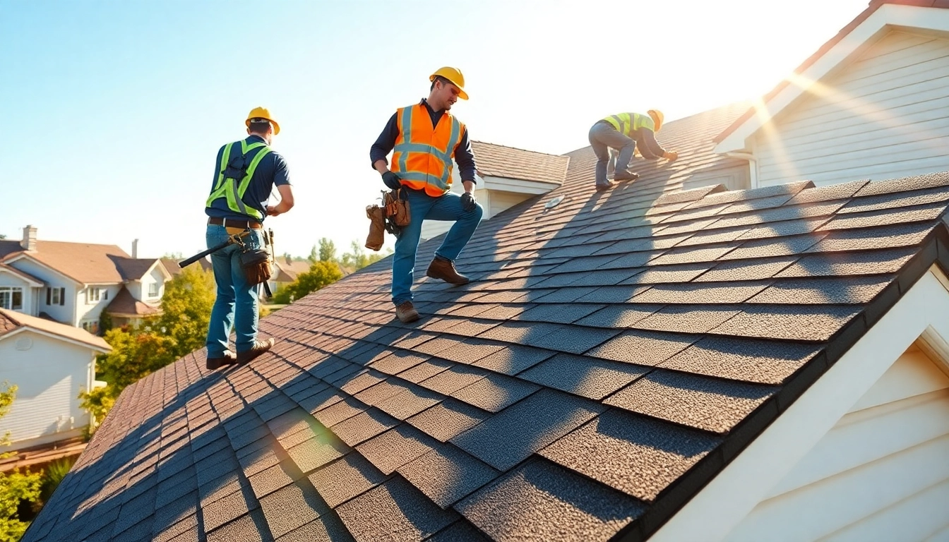 Expert team from a roofing company installing shingles on a sunny day.