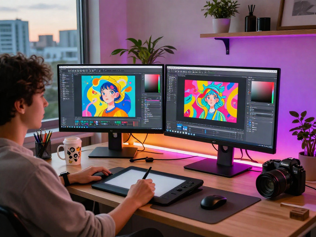 Dynamic digital workspace featuring creative NSFW tools and vibrant artwork.