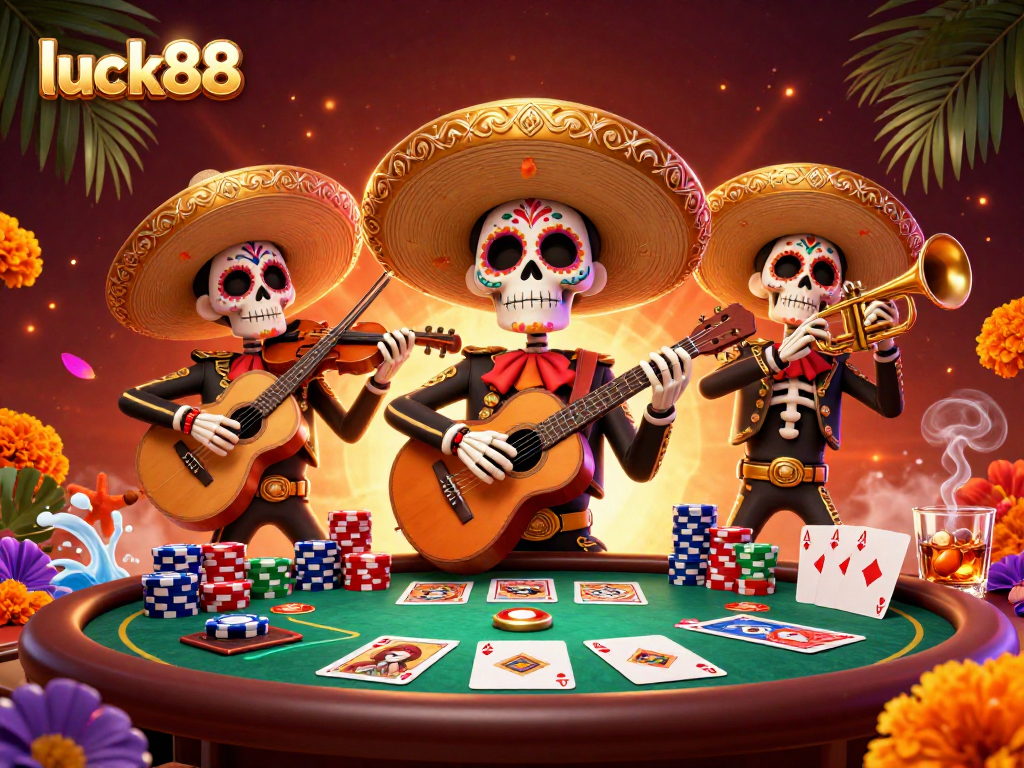 Join the excitement of luck88 as you play poker with colorful mariachi characters in a vibrant casino scene.