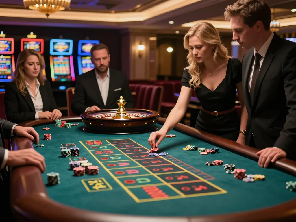 Debet live action at a roulette table showcasing players and croupier excitement in a casino.