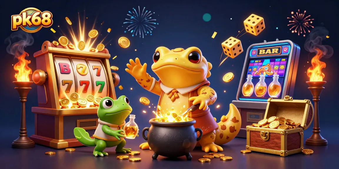 Experience the excitement of pk68 as characters transmute coins amidst dynamic casino elements.