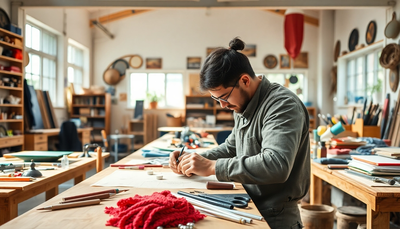 Engaged artisan demonstrating craft training programs amidst a vibrant workshop setting.