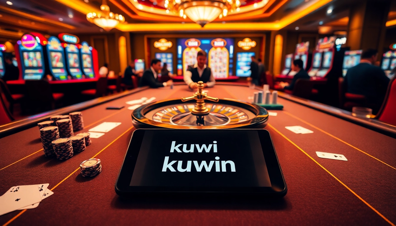 Kuwin casino players engaging in high-stakes poker and vibrant slot machines.