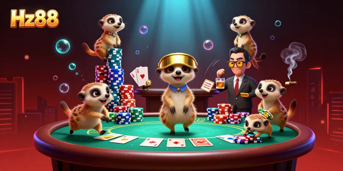 Engaging Hz88 meerkat casino scene with lively characters managing a poker game.