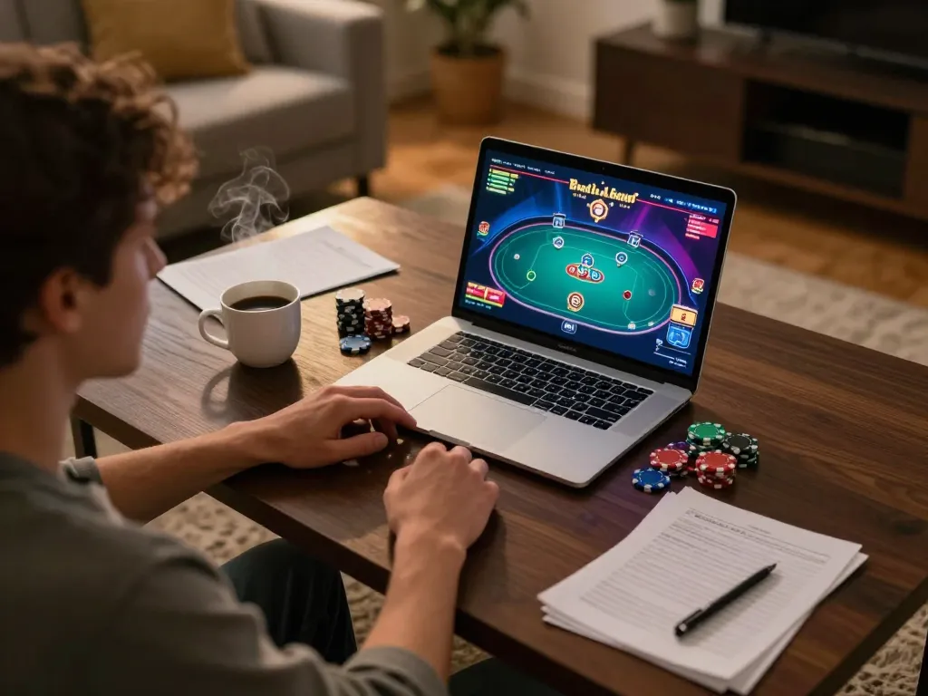 Engaged player using aa888 online poker platform on laptop with focused expression in cozy home