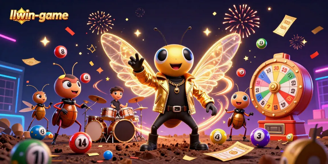 llwin-game promotes excitement with animated characters celebrating gambling wins amid vibrant elements.