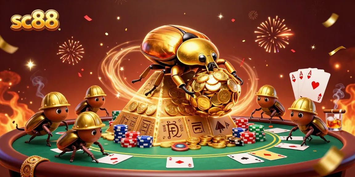 Watch the sc88 golden beetles push coins up a pyramid, embodying casino excitement and strategy.