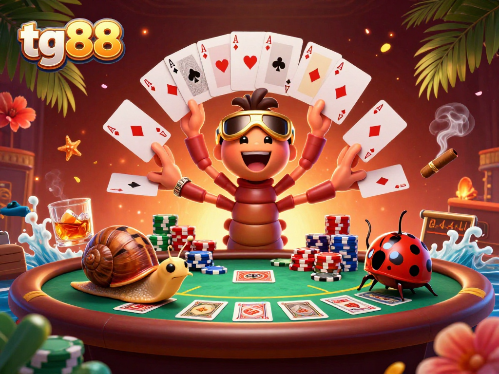 Engage with tg88's exciting gameplay featuring a millipede dealer and a snail high-roller at a vibrant casino scene.