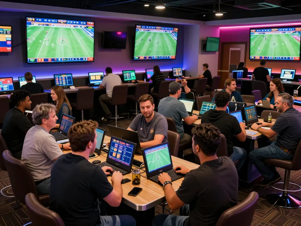 Cakhia TV offers immersive sports betting experience with live games and enthusiastic bettors in a vibrant casino lounge.