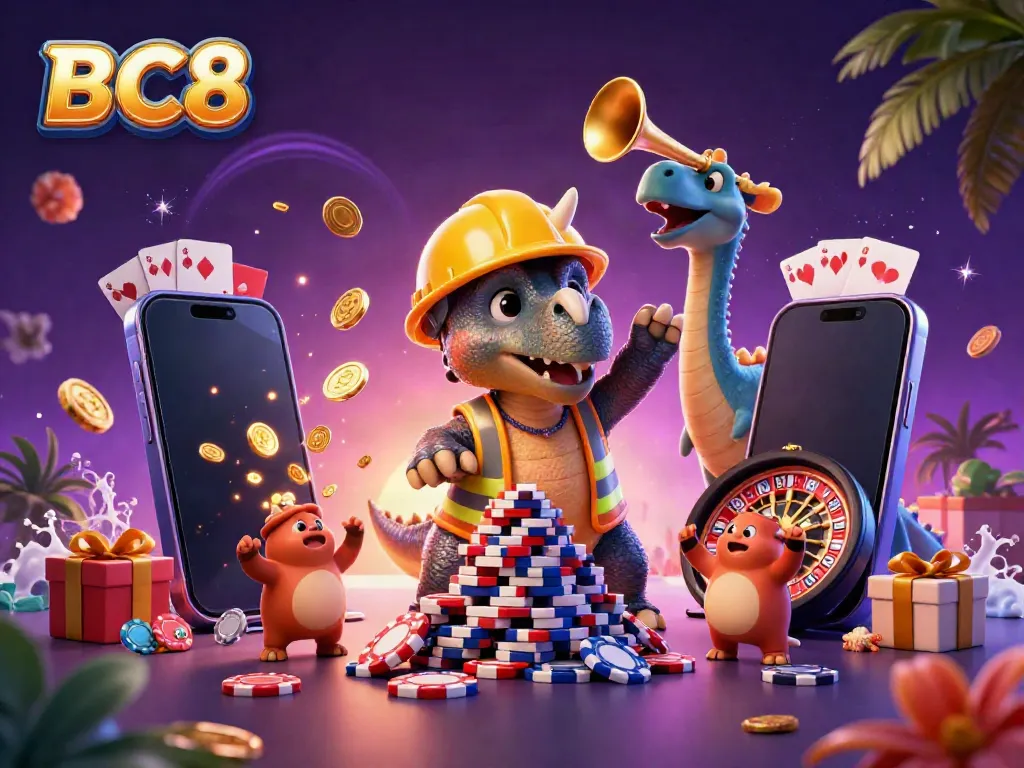 Experience thrilling gaming at BC8 with vibrant characters and engaging elements celebrating casino fun.