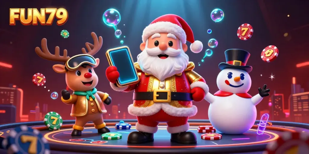 Spin and win with FUN79's vibrant 3D casino scene featuring festive characters and thrilling slot machines.