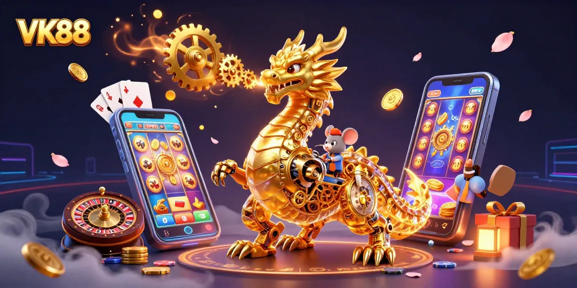 Experience thrilling gambling action with VK88's vibrant gaming elements and dynamic characters in a magical setting.