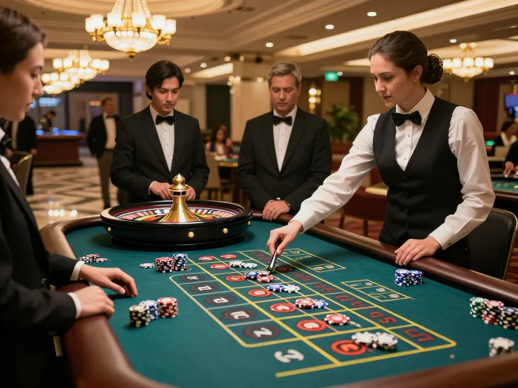 Players engaging at the elegant ok8386 roulette table, showcasing high-stakes gambling excitement