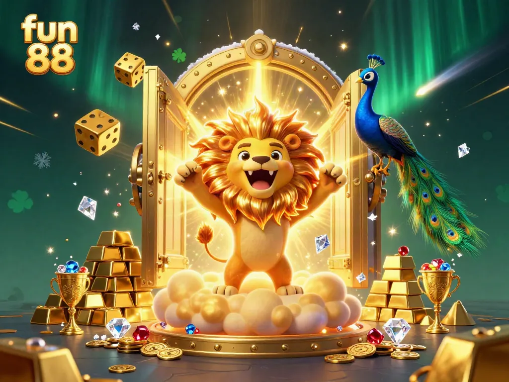 Engage with fun 88's lively casino atmosphere featuring a roaring sun lion amidst treasure and golden dice.