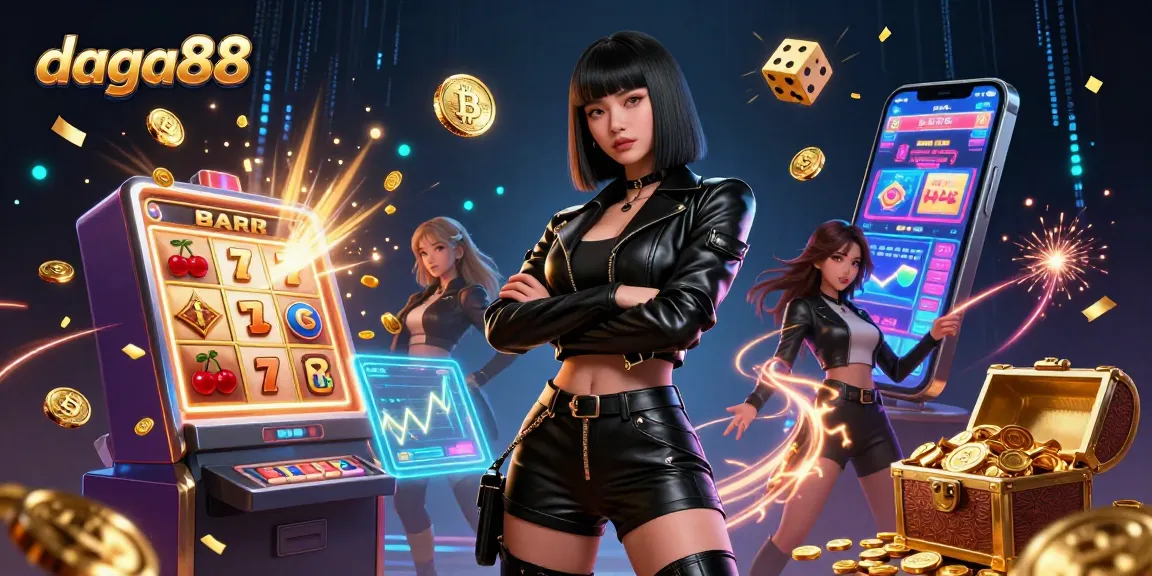 Daga88 brings excitement with a captivating illustration of casino gaming, showcasing dynamic symbols and a stunning Asian female lead.