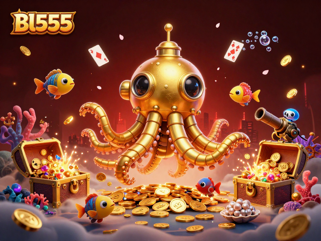 Experience the thrill of Bl555 as the golden kraken submarine emerges amidst floating playing cards and treasures.