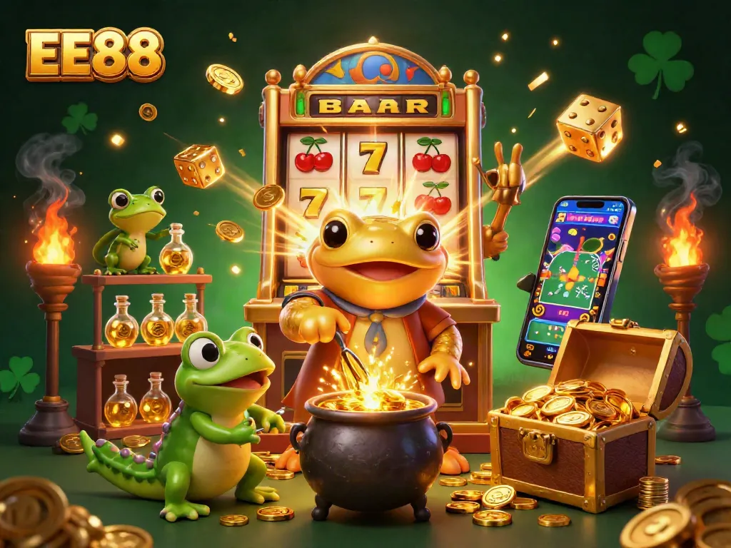 Spin the lucky slot at EE88 with golden alchemist and vibrant casino elements.