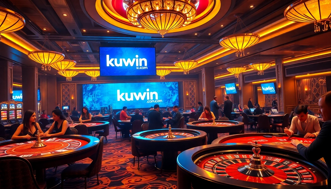 Experience high-stakes gaming at kuwin. com, featuring casino tables and vibrant players in a luxurious casino setting.