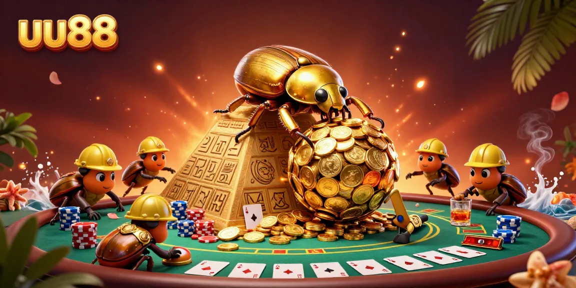 Experience thrilling gameplay at uu88 with golden beetles and poker action in an exciting casino scene.