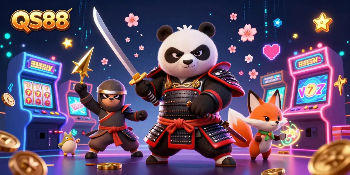 Experience the thrill of QS88 with samurai and fox characters amidst a vibrant casino scene.