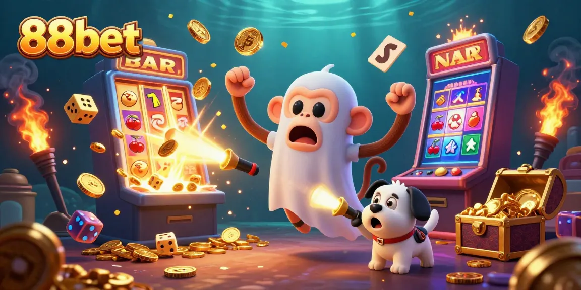 Experience thrilling wins at 88bet with a haunted casino scene featuring a poltergeist monkey and a ghost-hunter puppy.