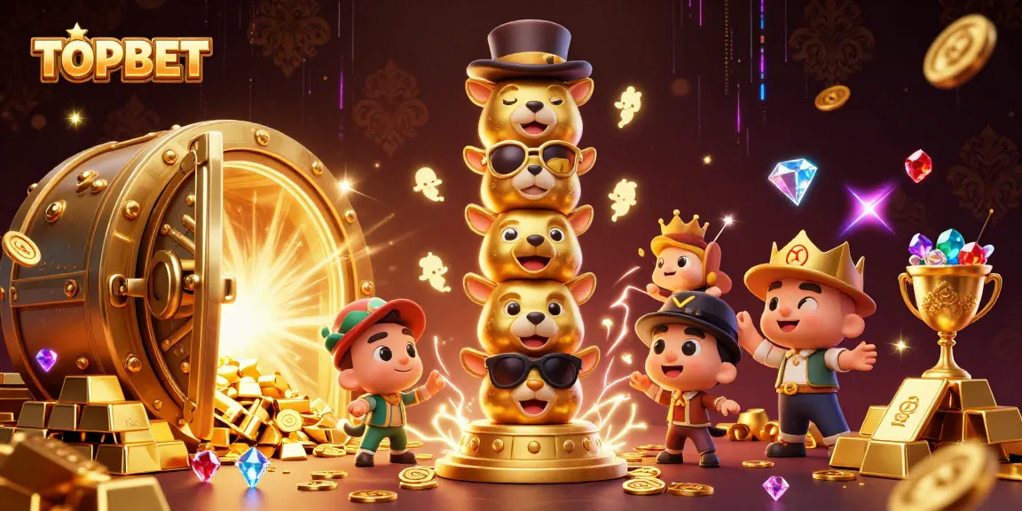 Catch the excitement of TOPBET with a vibrant 3D casino-themed illustration showcasing gold and jewels.