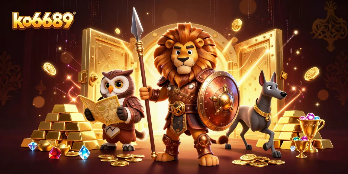Experience the excitement of ko6689 with a 3D cartoon scene of gambling glory and treasure.