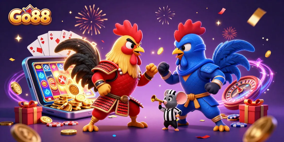 Engage in exciting battles at Go88 with fighting roosters, slot games, and festive elements.