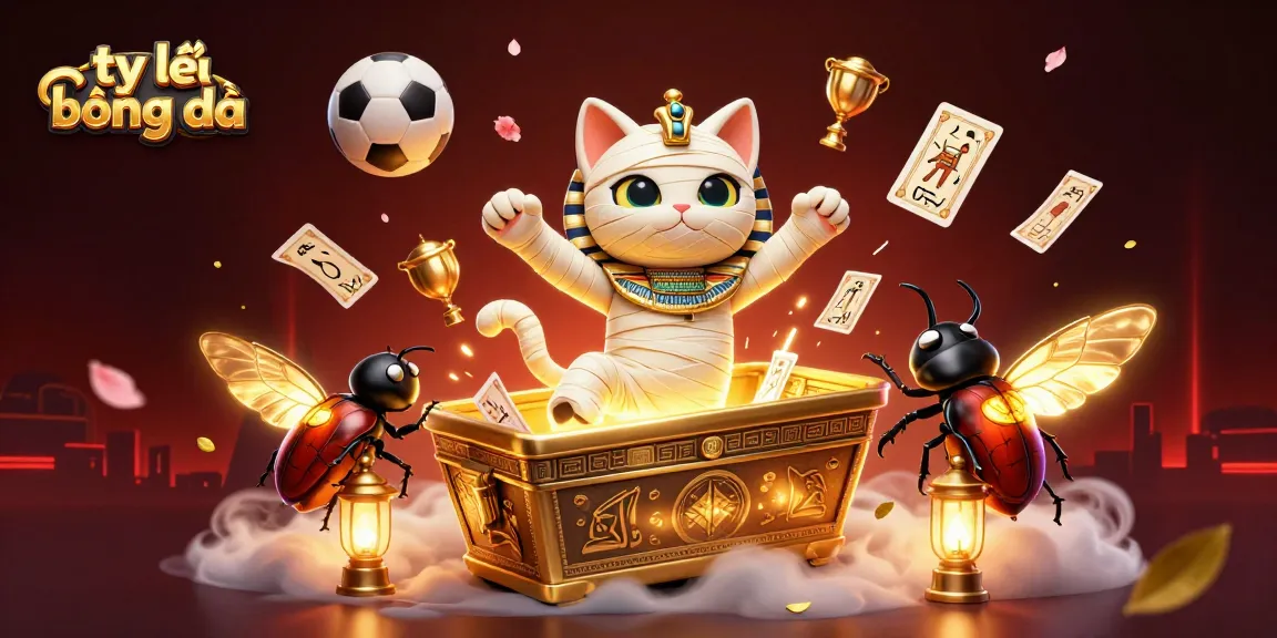 Engage with tỷ lệ bóng đá in a vibrant 3D casino scene showcasing a mummy cat emerging from a sarcophagus.