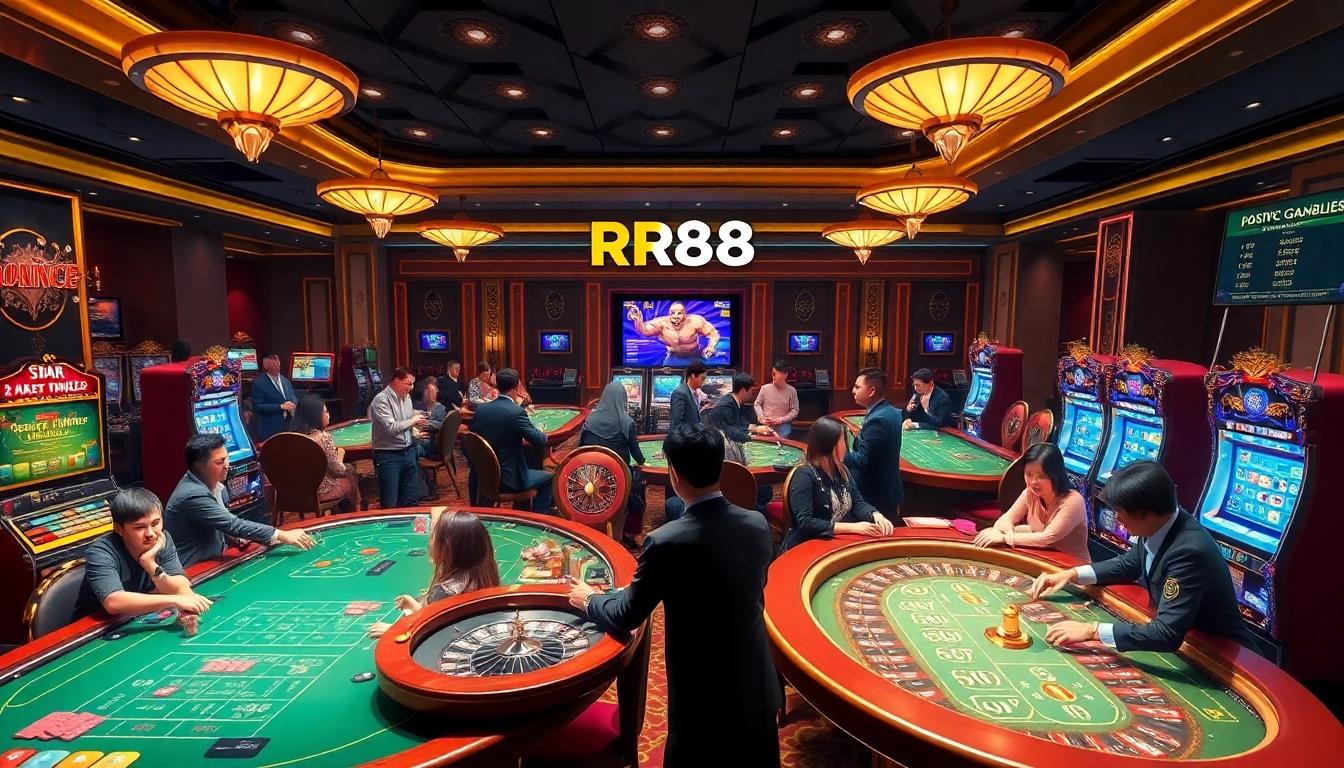Engage with the professional gaming experience at Nhà Cái RR88, featuring diverse players and casino elements.