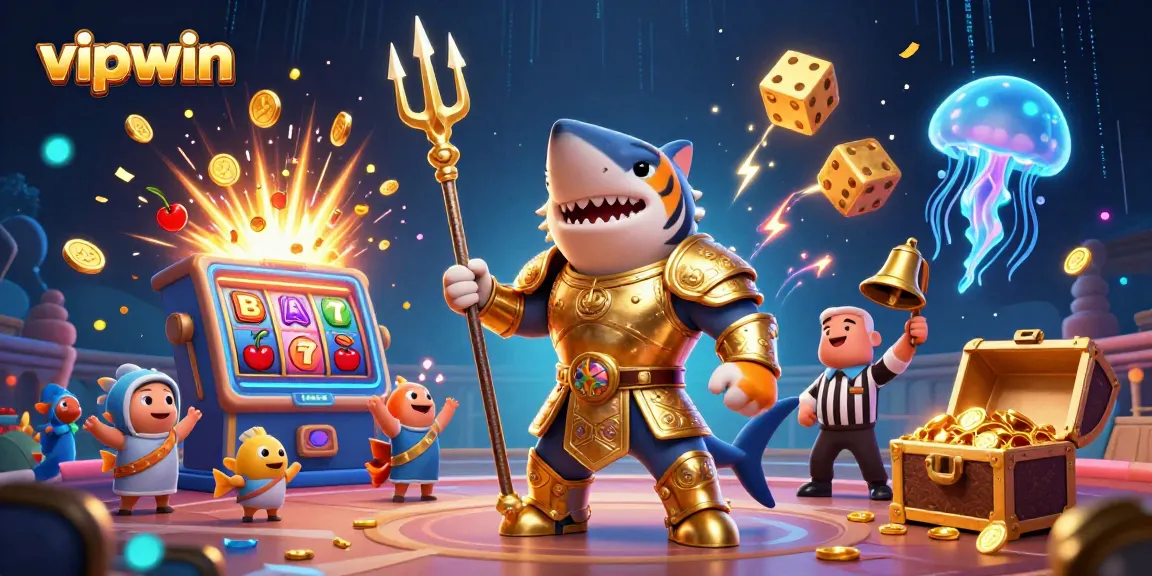 Experience exciting wins at vipwin with a dynamic underwater casino illustration featuring a golden shark and vibrant game elements.