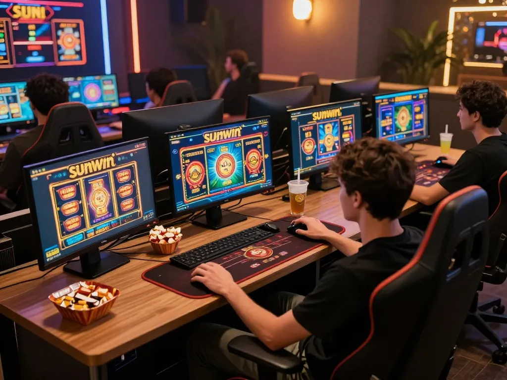 Engaged player exploring sunwin casino games on multiple screens in a cozy online gaming setup.