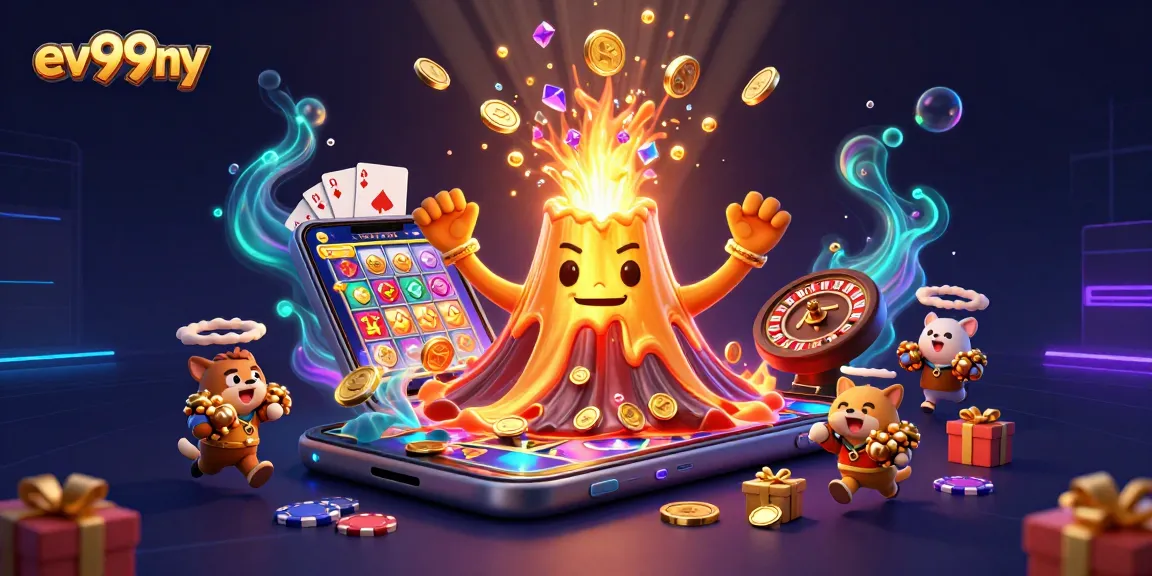 Experience the excitement of ev99ny with gold coins and a triumphant volcano in a vibrant casino scene.