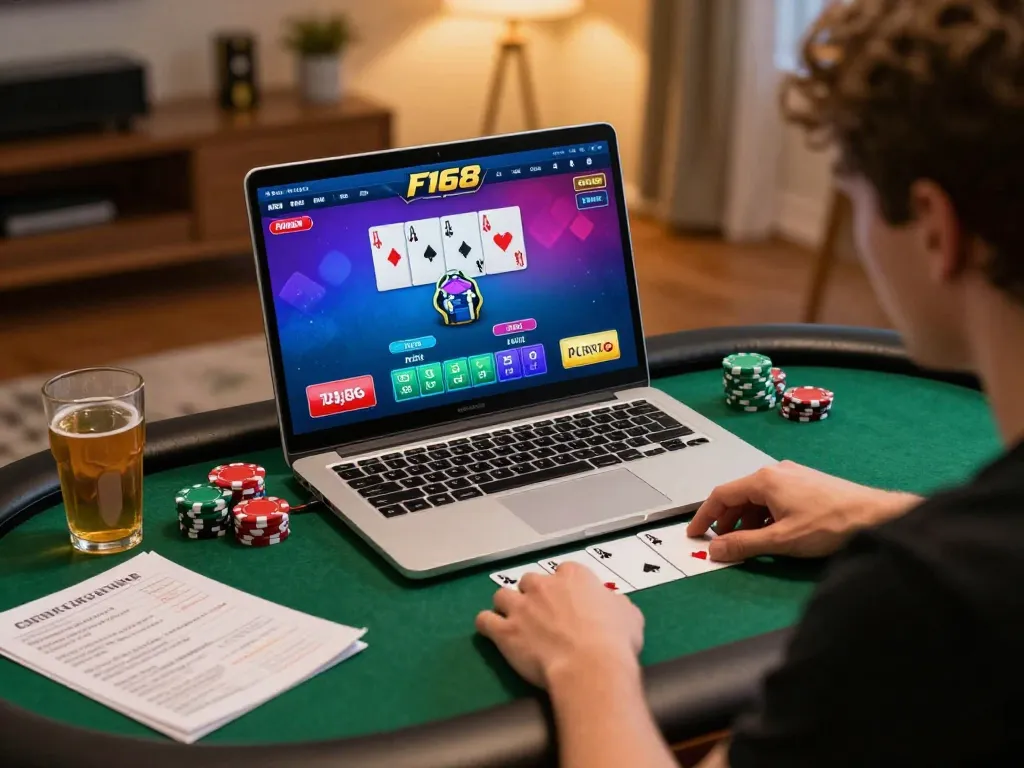 Player engaging with F168 online poker game while strategizing with notes and a drink at home