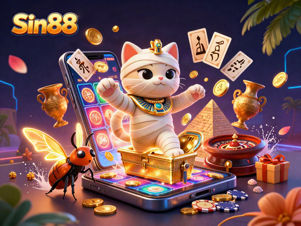 Experience the excitement of Sin88 with a vibrant 3D casino scene featuring a mummy cat and scarab beetle.