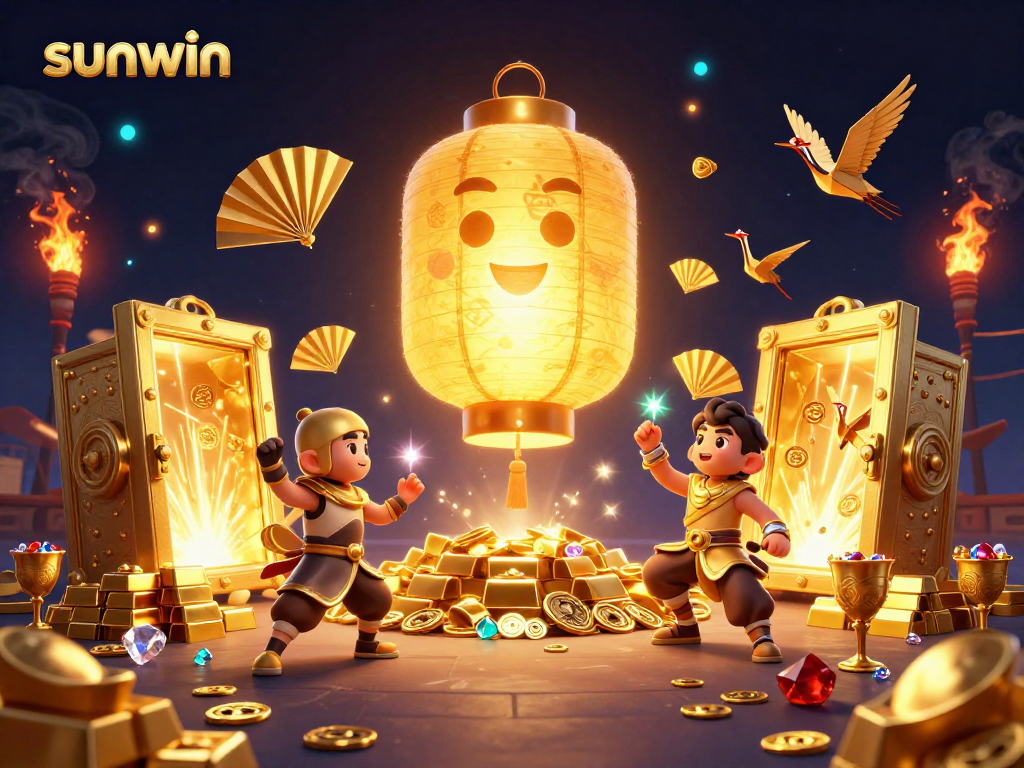 Experience sunwin's vibrant casino world with a glowing lantern spirit and treasure burst.