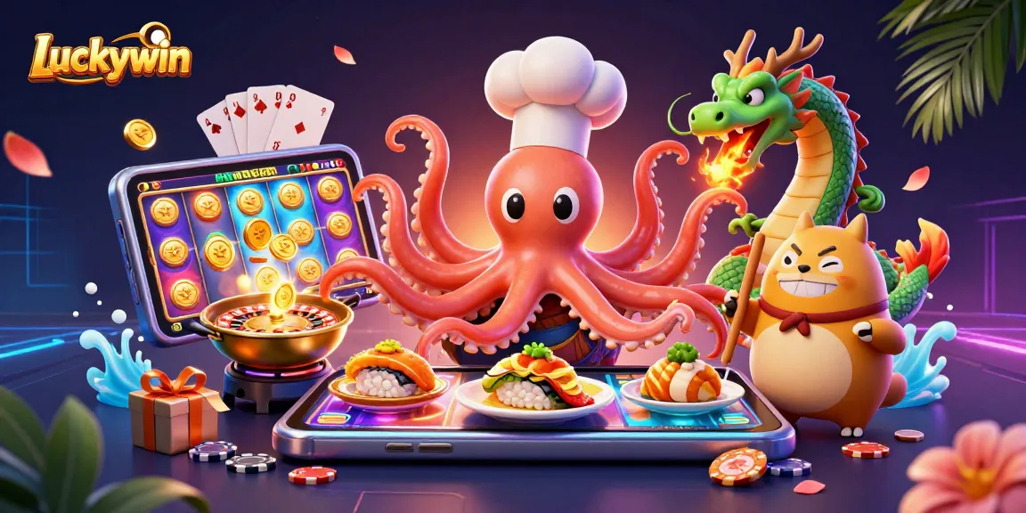 Luckywin casino adventure with vibrant characters preparing dishes and gaming elements exploding around them