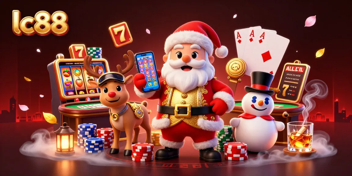 Spin jackpot slots at lc88 with Santa in a vibrant casino scene full of festive fun