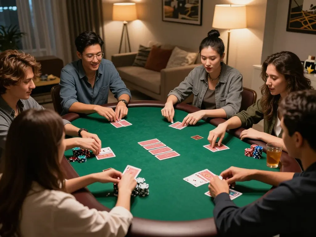 Players enjoying a fun poker night with va88 app features and strategy discussions at home