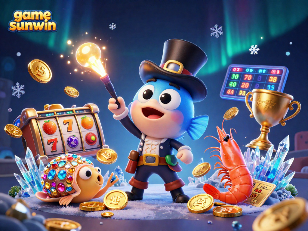 Experience the thrilling world of game sunwin with a dynamic illustration of lucky characters and casino elements.