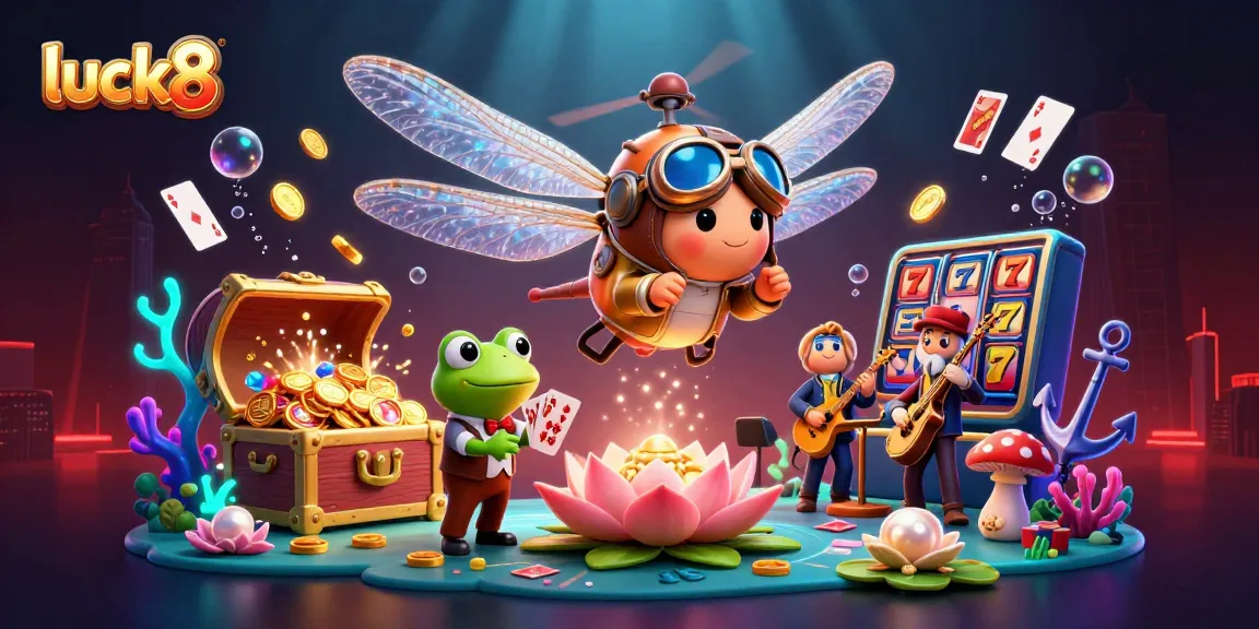 Engage with luck8 at a vibrant lily pad casino where a dragonfly pilot oversees thrilling games and treasures unfold.