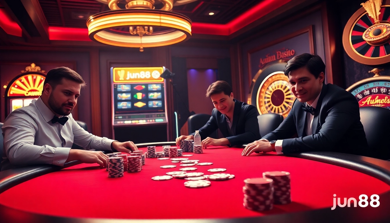 Experience the thrill of gambling at jun88 with players enjoying poker and slots in a luxurious casino.