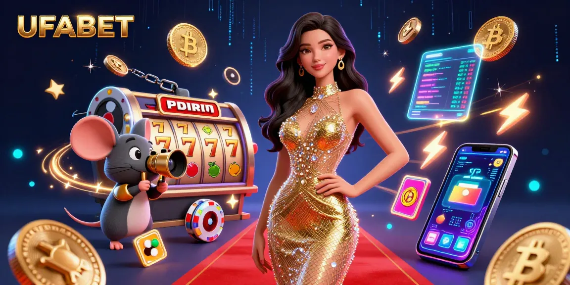 Experience advanced gaming thrills at UFABET with vibrant slot symbols, Bitcoin coins, and a dazzling 3D scene.