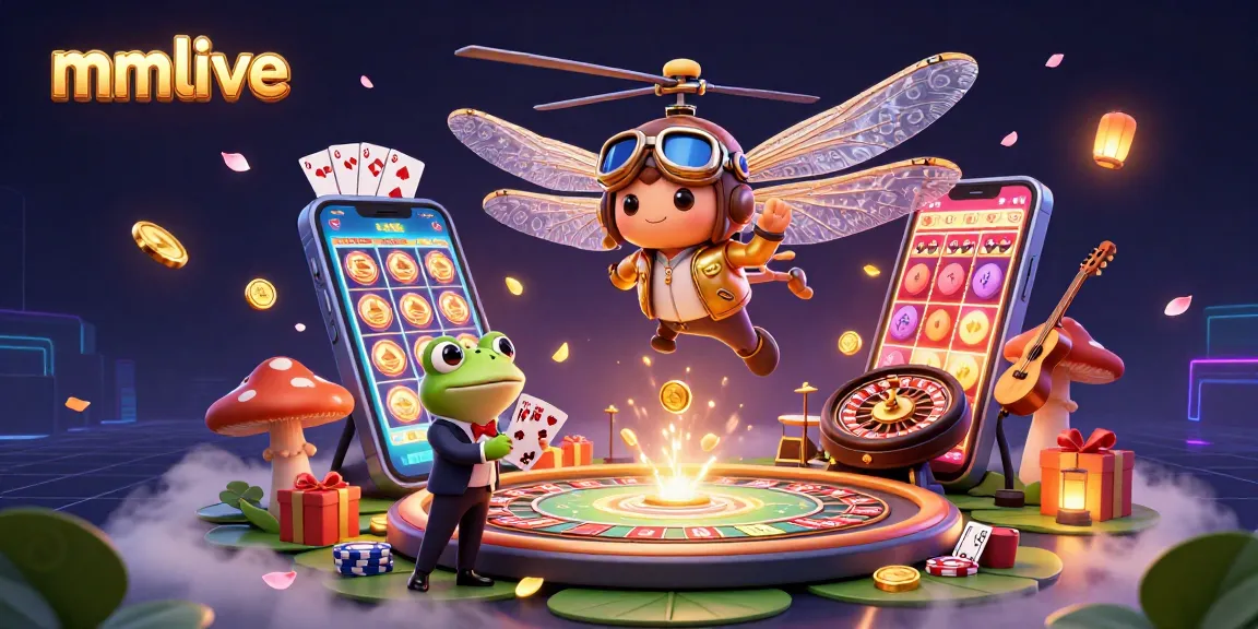 Experience mmlive's vibrant excitement with a 3D dragonfly pilot and frog croupier in a dynamic casino scene.