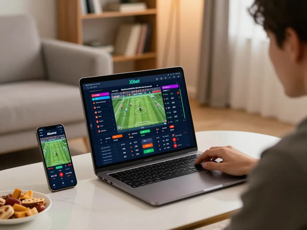 Xibet online platform highlights player engaging in strategic sports betting from a cozy home setup.